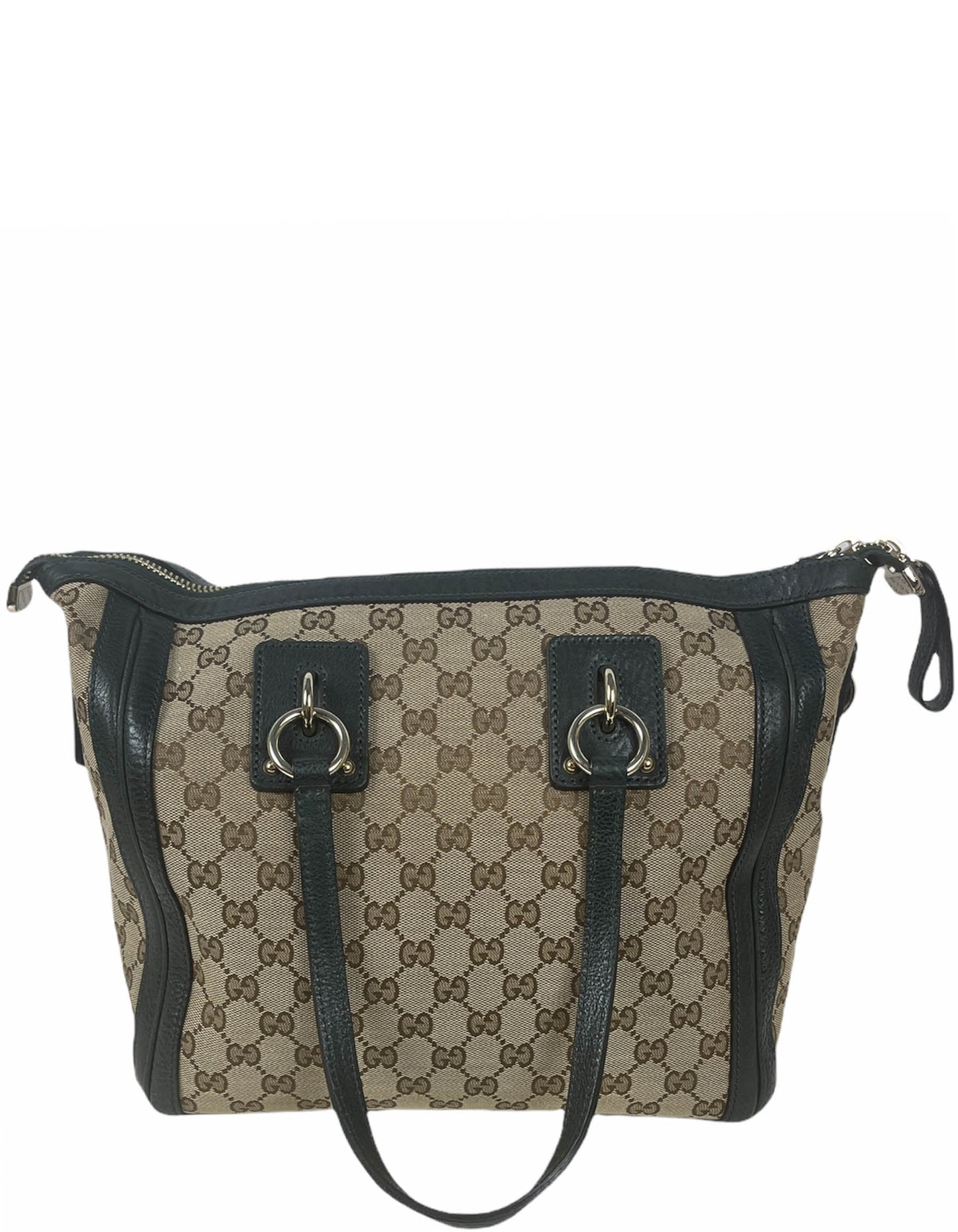Gucci Monogram & Green Leather Medium Charm Tote Bag