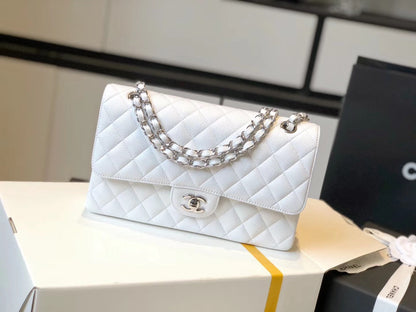 CHL -  Classic Medium Flapbag SilAmelia- Hardware White 10in/25.5cm