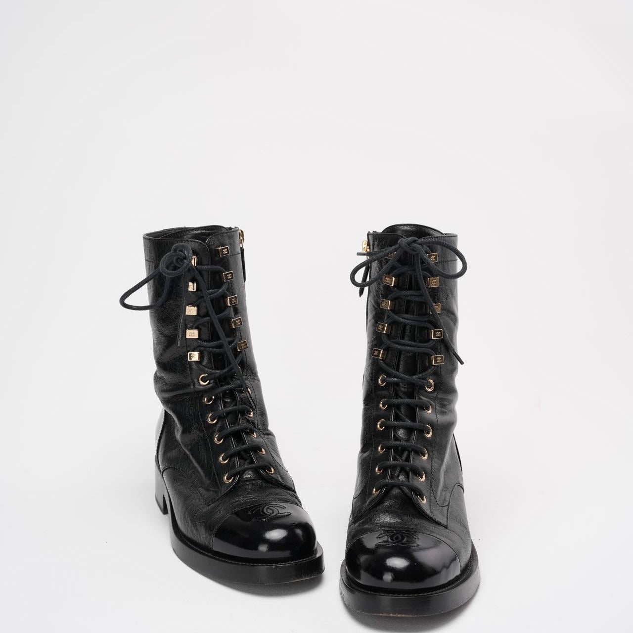 Chanel Black Calfskin Lace Up Combat Boots 39