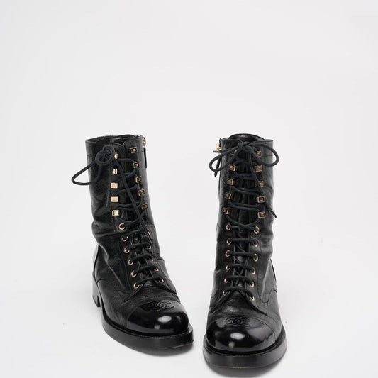 Chanel Black Calfskin Lace Up Combat Boots 39