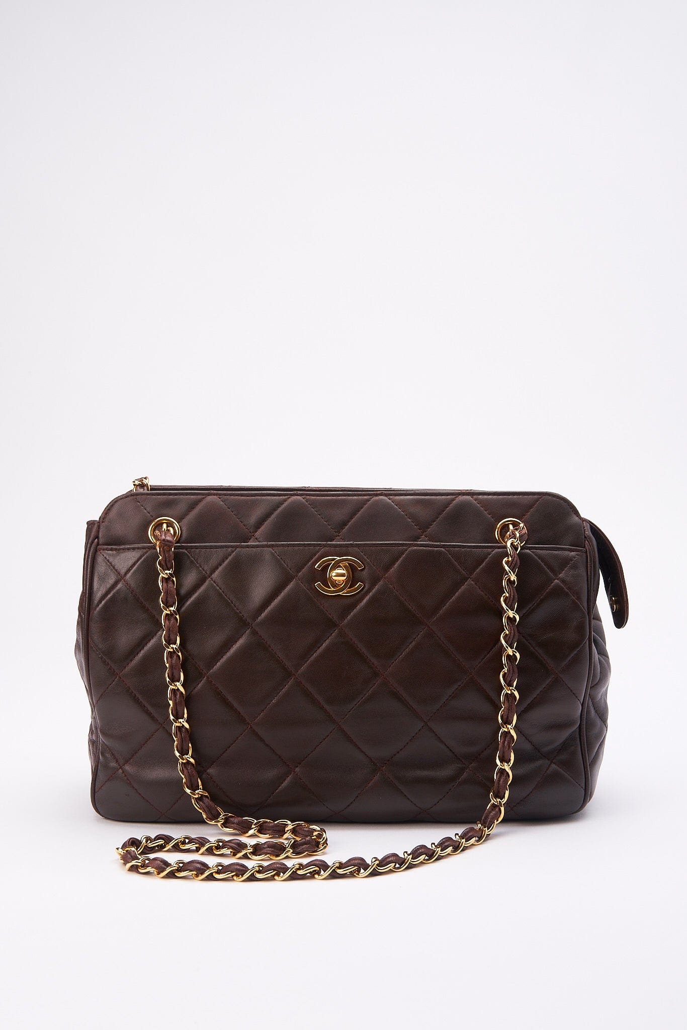 Chanel Brown Leather Shoulder Bag with Double Chain Handle