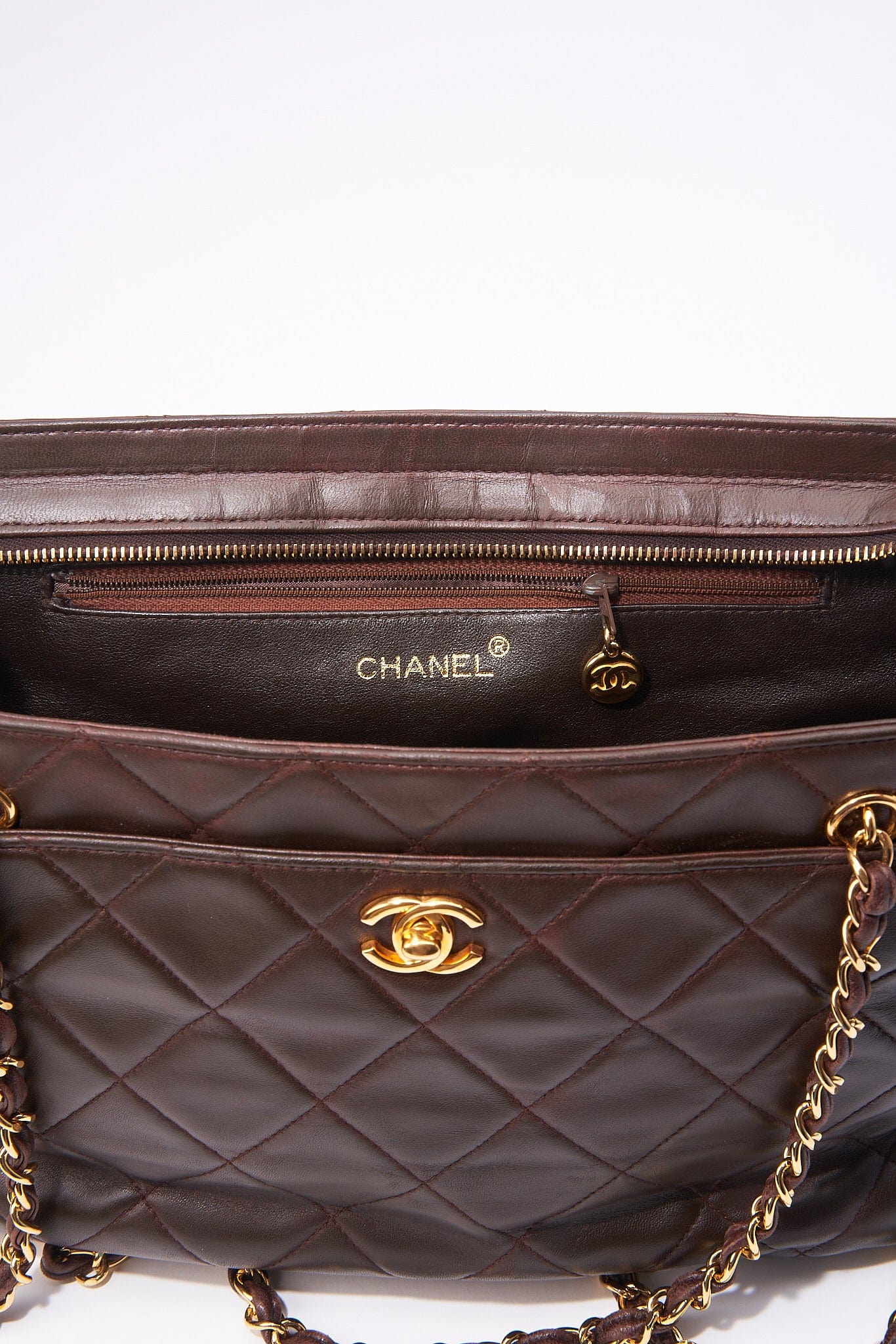 Chanel Brown Leather Shoulder Bag with Double Chain Handle