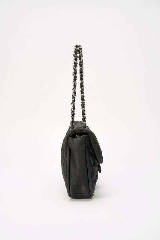 Chanel Black Textured Coated Nylon Single Flap Bag - Black