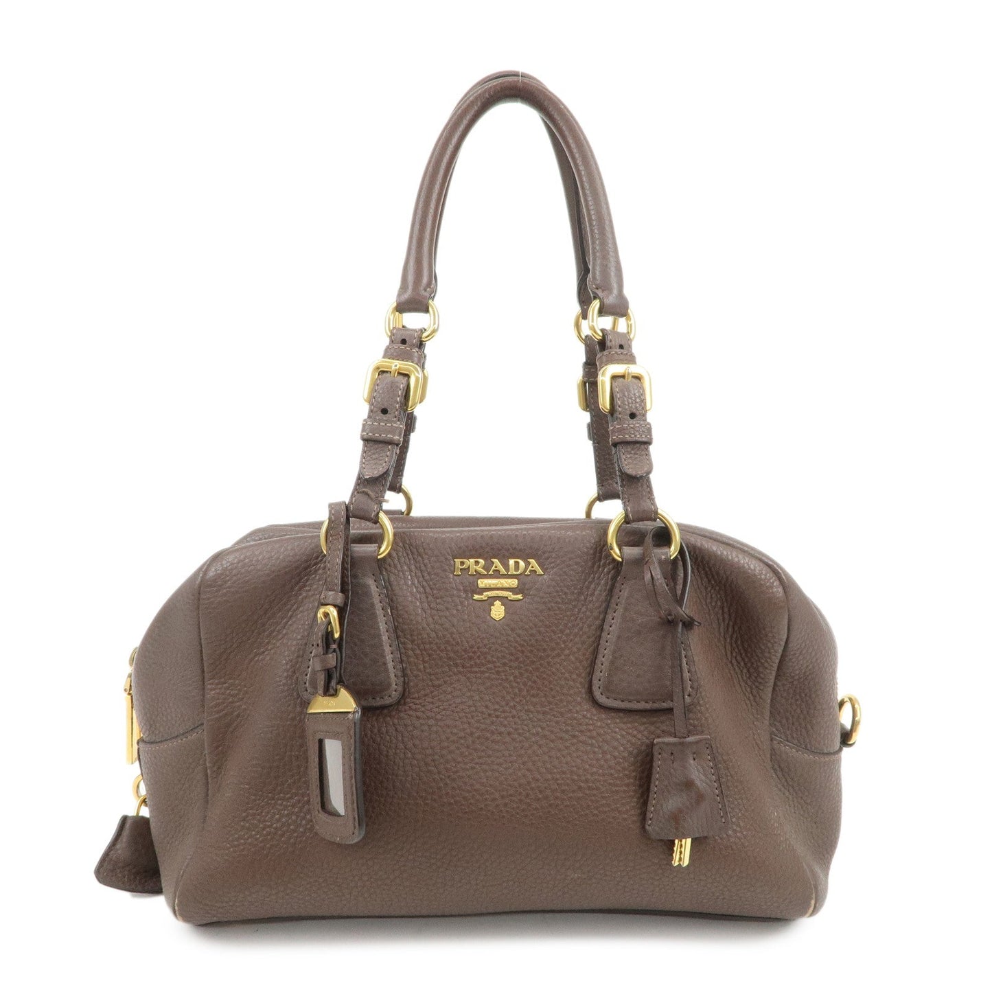 PRADA Logo Leather Shoulder Bag Boston Bag Hand Bag Brown B3091M