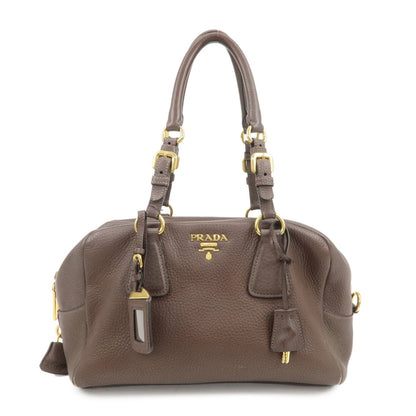 PRADA Logo Leather Shoulder Bag Boston Bag Hand Bag Brown B3091M