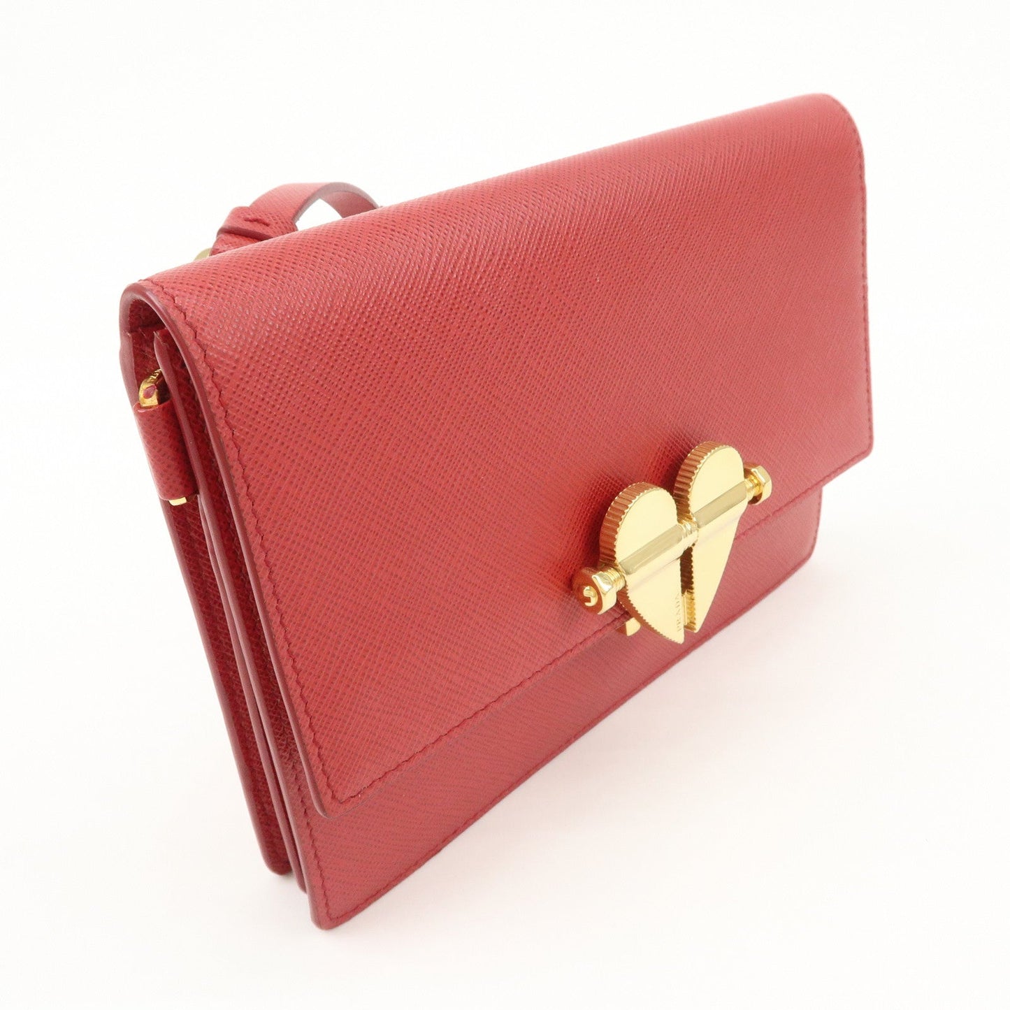 PRADA Heart Lock Leather Shoulder Bag Crossbody Bag Red  d
