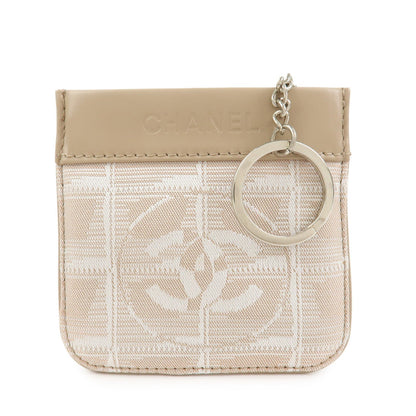 CHANEL New Travel Line Nylon Jacquard Leather Coin Case Greige