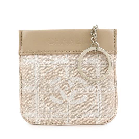 CHANEL New Travel Line Nylon Jacquard Leather Coin Case Greige