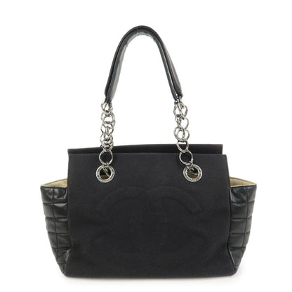 CHANEL Chocolate Bar Lamb Skin Canvas Shoulder Bag Hand Bag Black