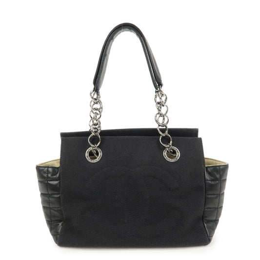 CHANEL Chocolate Bar Lamb Skin Canvas Shoulder Bag Hand Bag Black