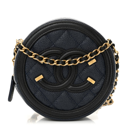 Amelia Caviar Quilted Round Filigree Crossbody Navy Black