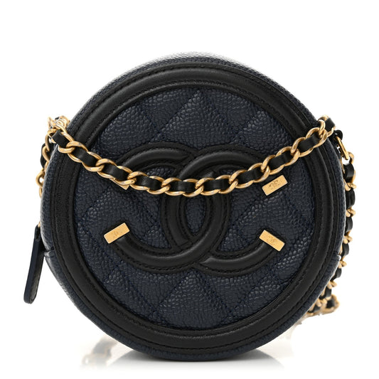 Amelia Caviar Quilted Round Filigree Crossbody Navy Black