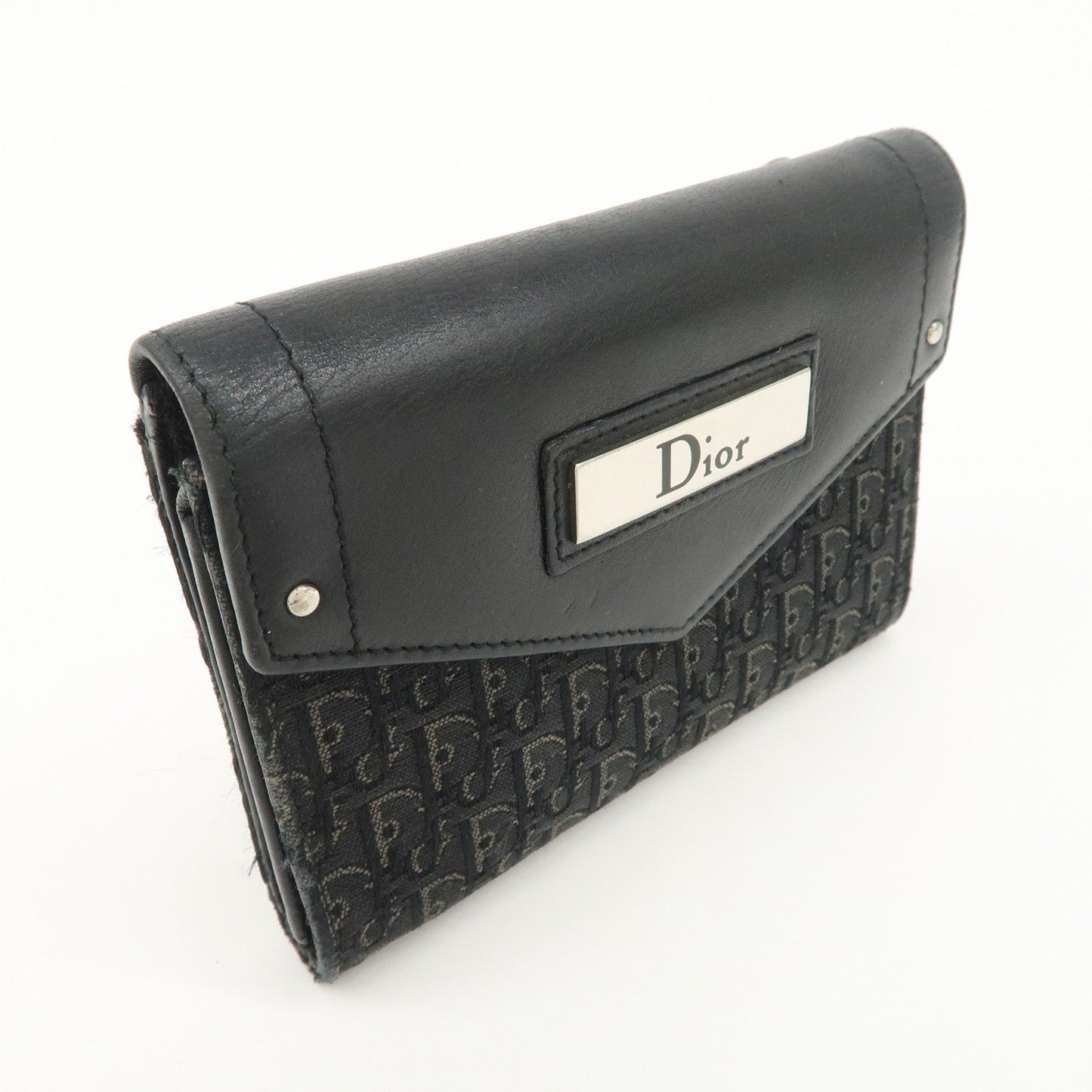 Christian Dior Trotter Leather Canvas Tri-Hold Wallet Black Silver