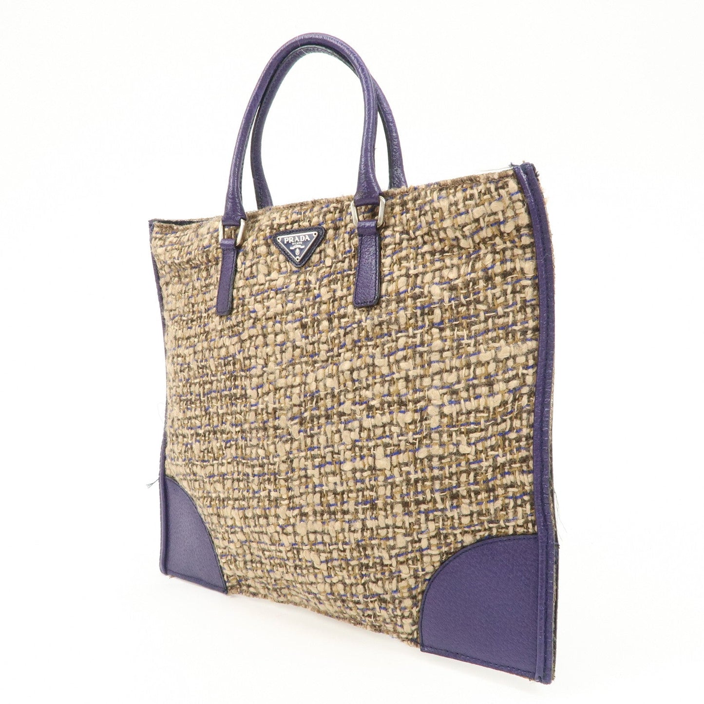 PRADA Triangle Logo Tweed Leather Tote Bag Purple Beige B11261  d