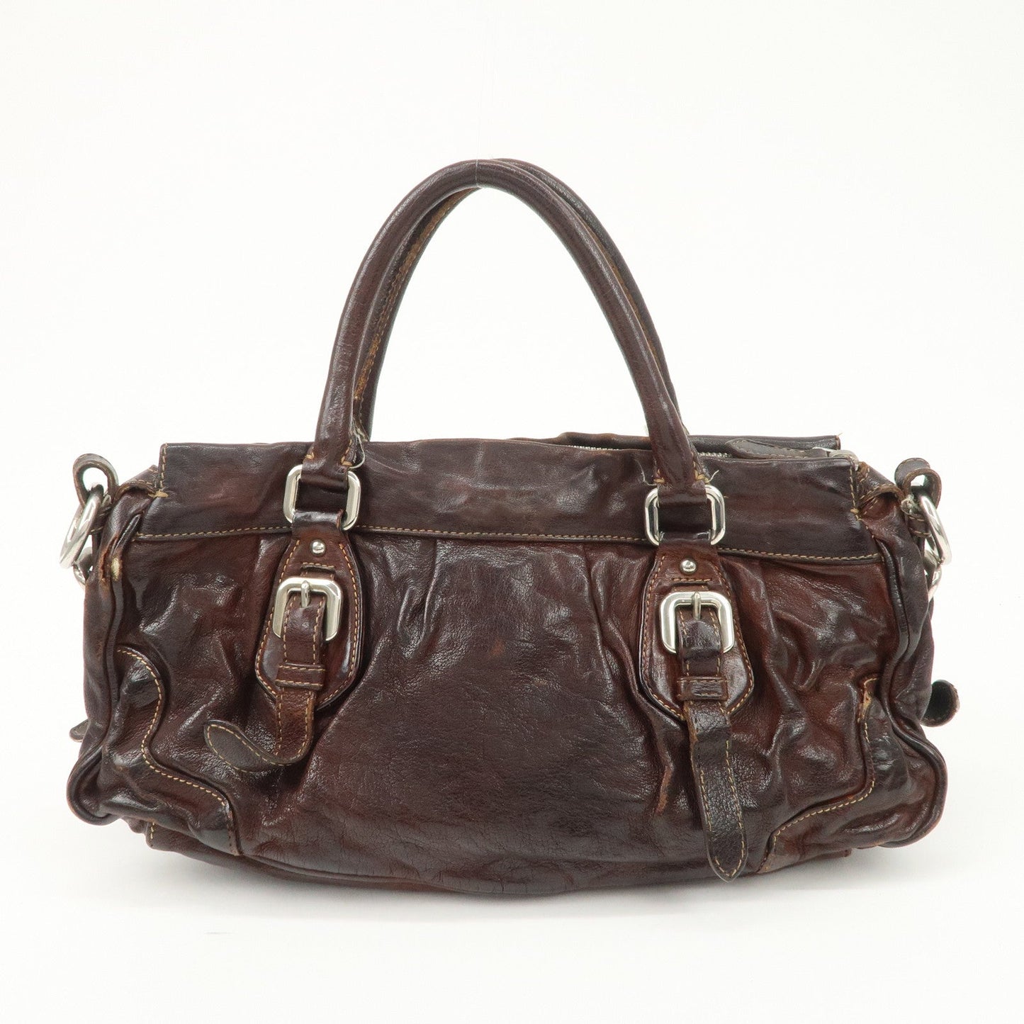 PRADA Triangle Logo Leather 2Way Bag Hand Bag Dark Brown BN1279  d