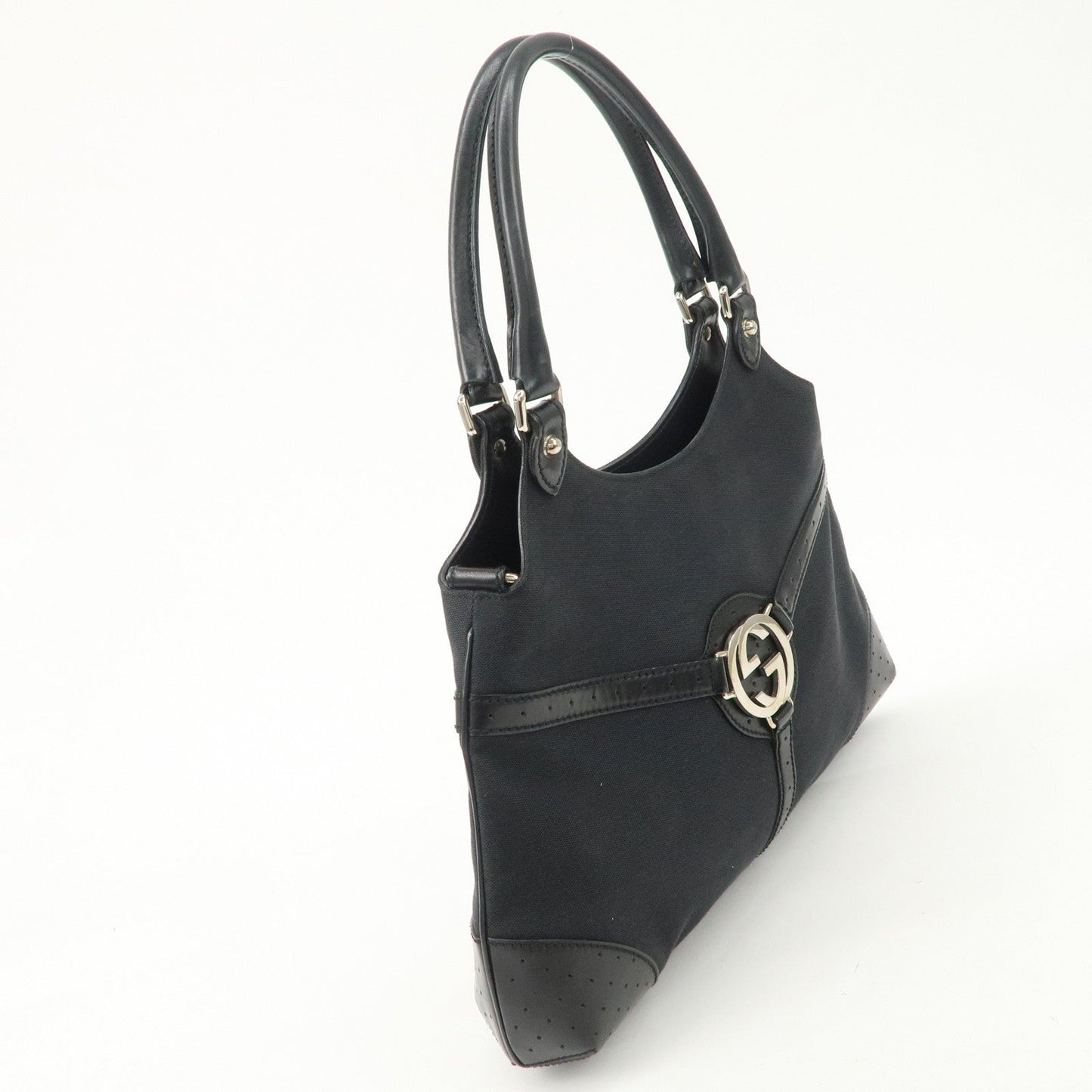 GUCCI Interlocking G Canvas Leather Hand Shoulder Bag Black 114875  d