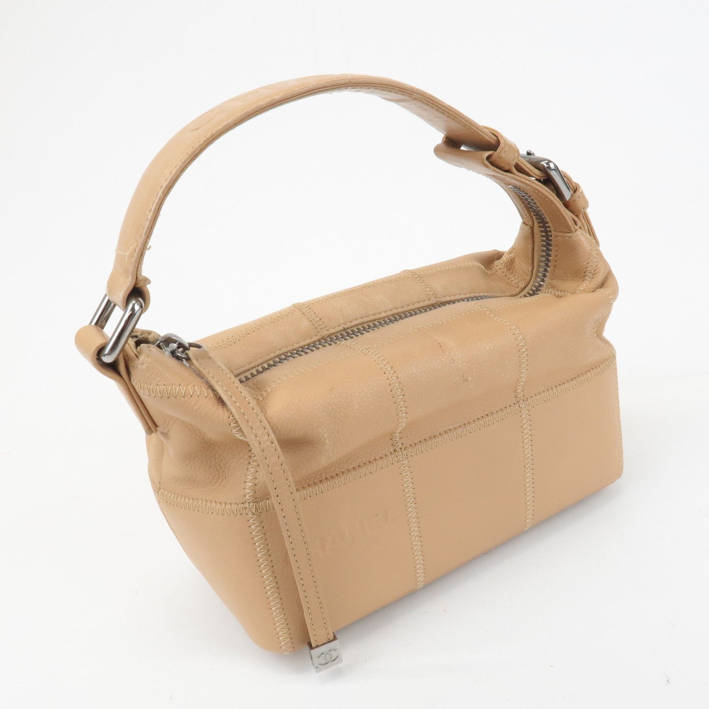 CHANEL Chocolate Bar Wild Stitch Leather Hand Bag Beige  d