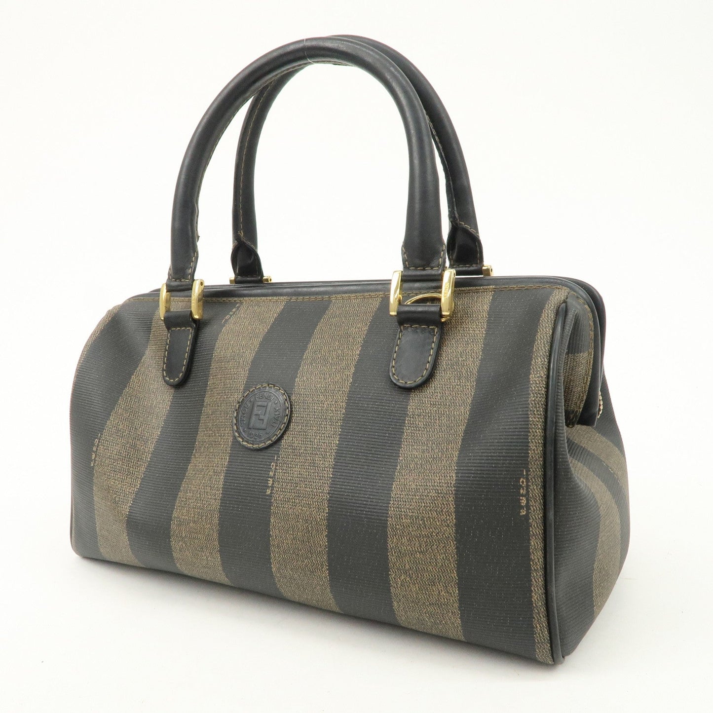 FENDI Pequin PVC Canvas Hand Bag Boston Bag Black Brown  d