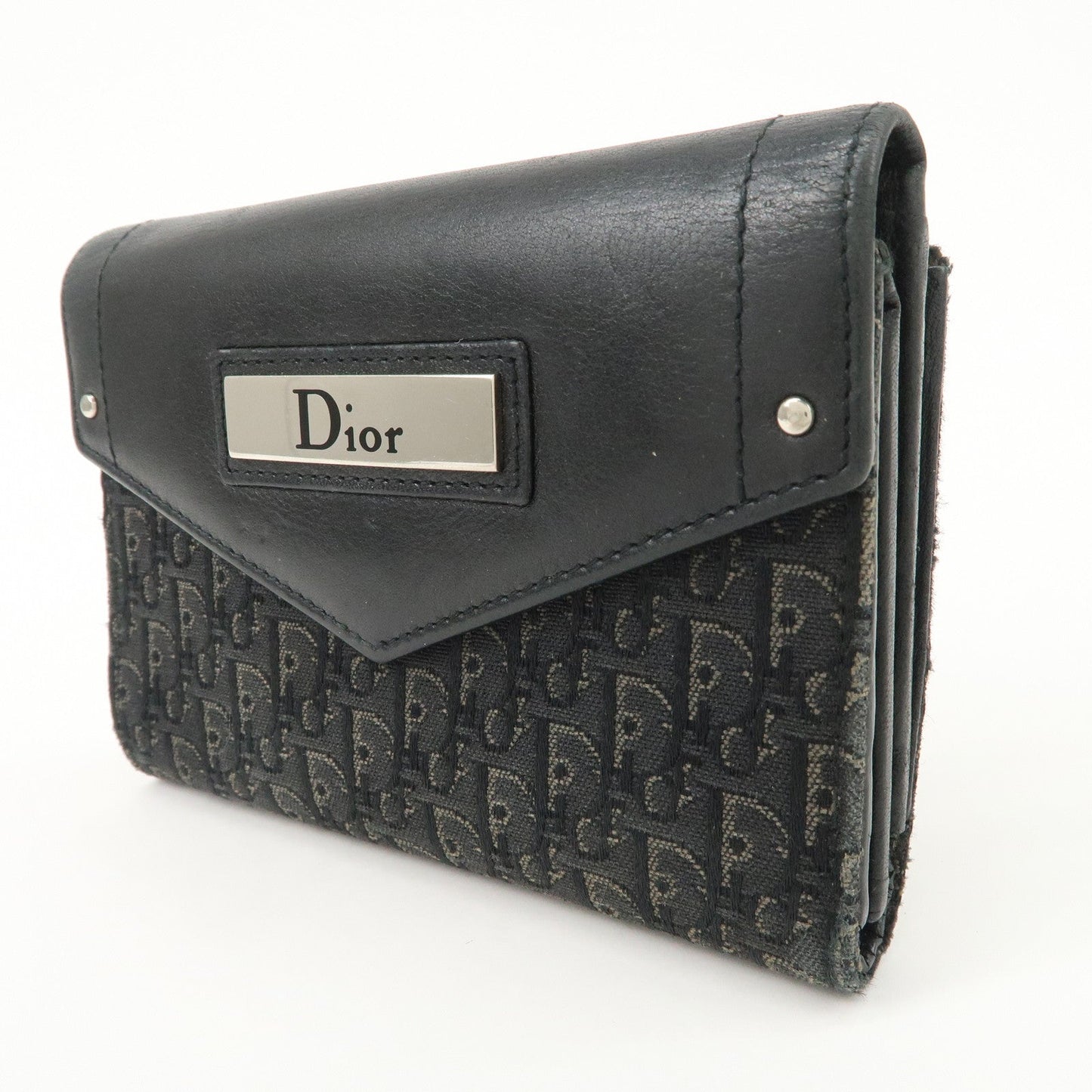 Christian Dior Trotter Leather Canvas Tri-Hold Wallet Black Silver