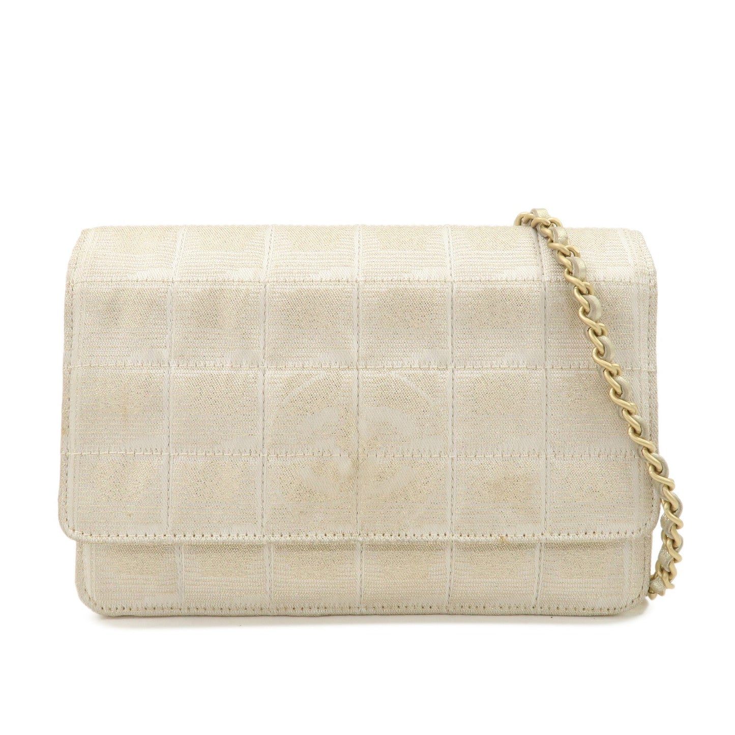 Chanel New Travel Line Nylon Jacquard Leather Chain Wallet Gold A15772  d
