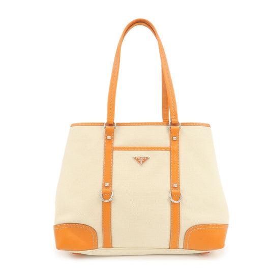 PRADA Triangle Logo Canvas Leather Tote Bag Natural Orange BR2920