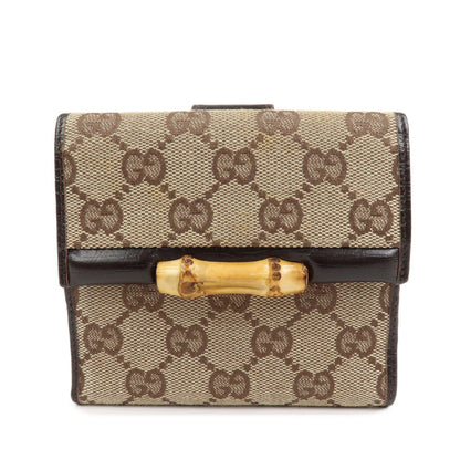 GUCCI Bamboo GG Canvas Leather W Hook Compact Wallet Beige 112521
