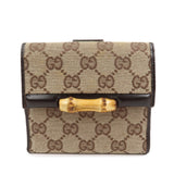 GUCCI Bamboo GG Canvas Leather W Hook Compact Wallet Beige 112521