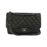 Chanel Classic Flap Jumbo Dark Green Caviar Leather Double Flap Silver Hardware