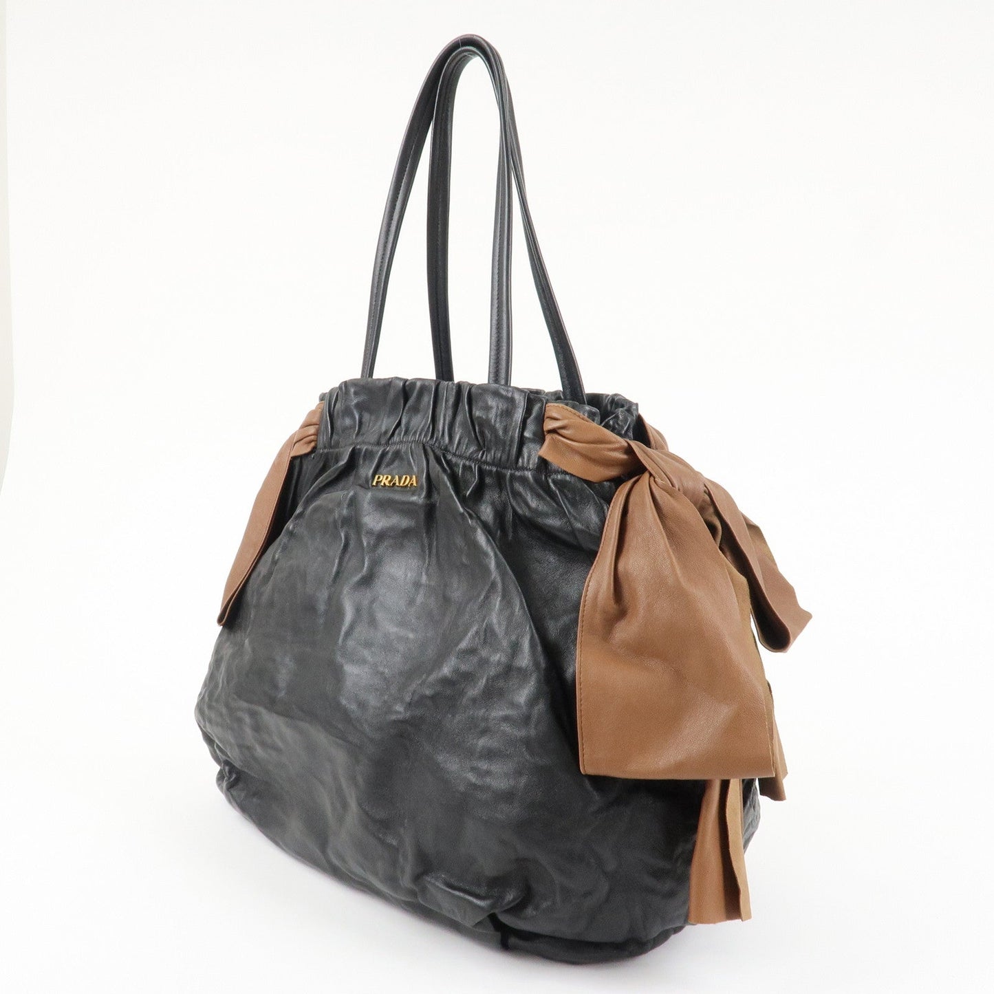 PRADA Leather Ribbon Shoulder Bag Hand Bag Black Brown  d