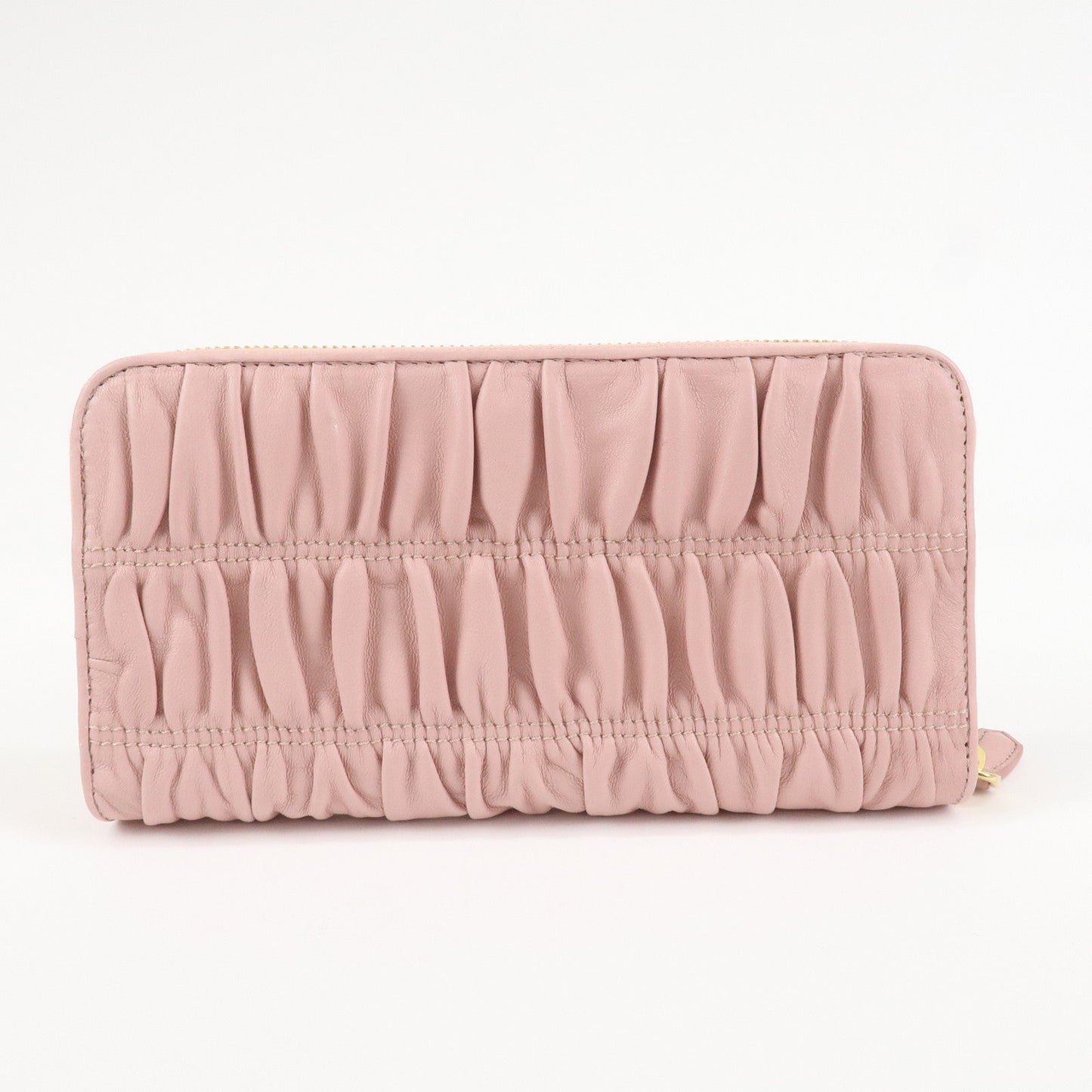 PRADA Leather Gather Round Zippy Wallet Gold Hardware Pink 1M0506  d