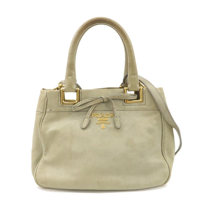 PRADA Logo Ribon Leather 2WAY Tote Bag Hand Bag Beige Gold HDW BN2245  d