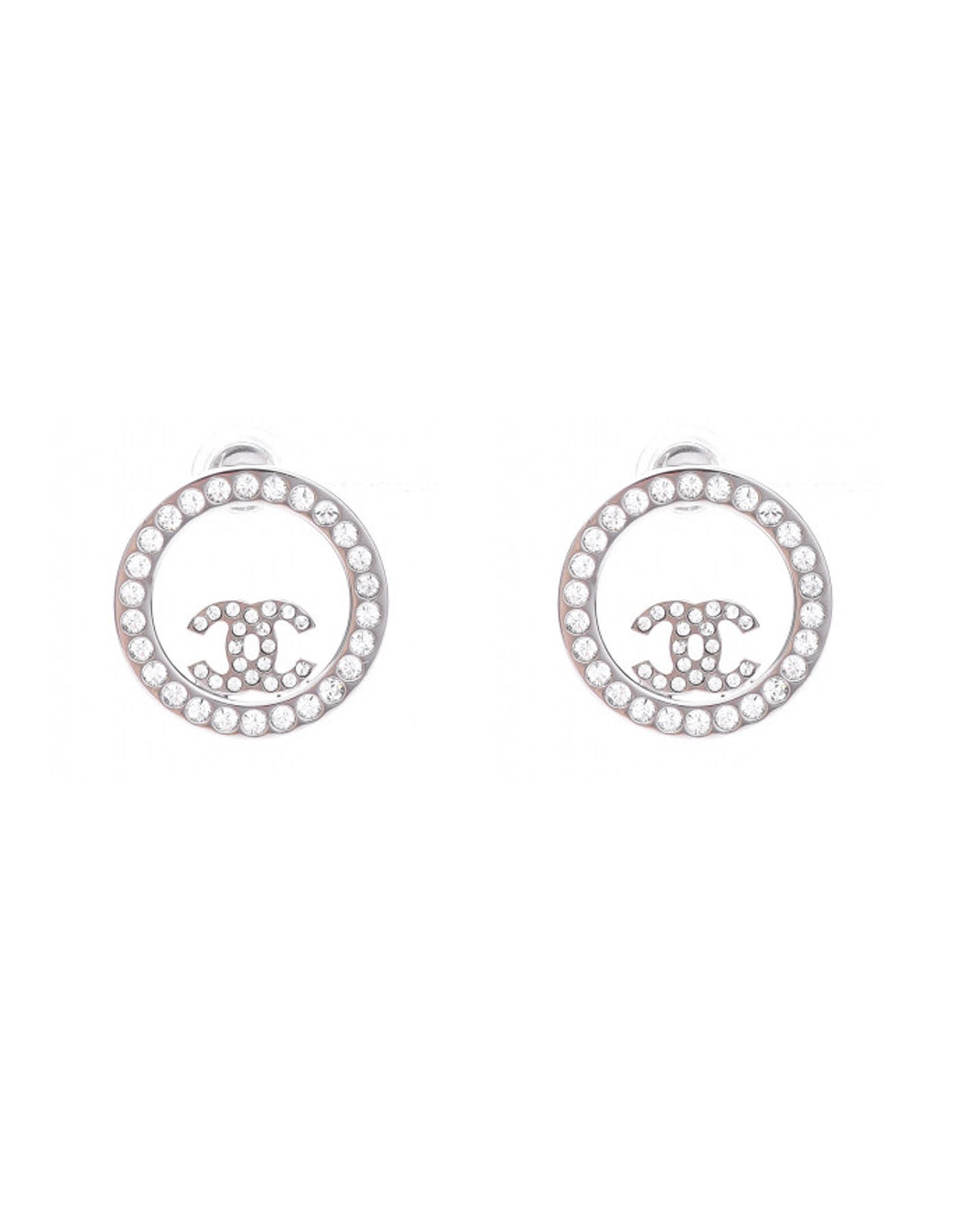 Chanel Silver Crystal Round CC Pierced Earrings