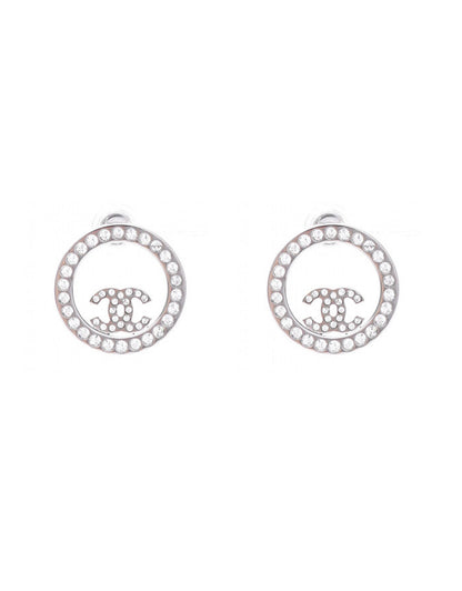 Chanel Silver Crystal Round CC Pierced Earrings