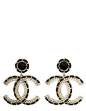 Chanel 2022 Gold/Black Leather Large hanging CC Earrings