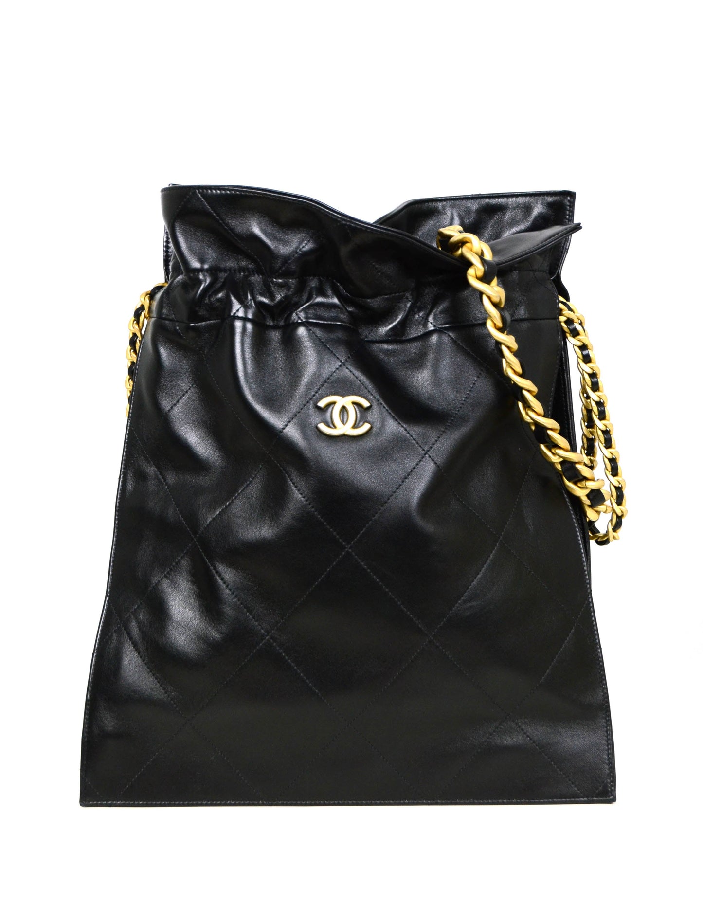 Chanel 2020 Black Shiny Lambskin Leather Chain Drawstring Tote Bag