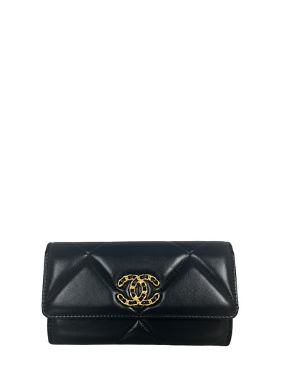 Chanel '23 NEW Black Lambskin Leather Quilted Chanel 19 Flap Wallet
