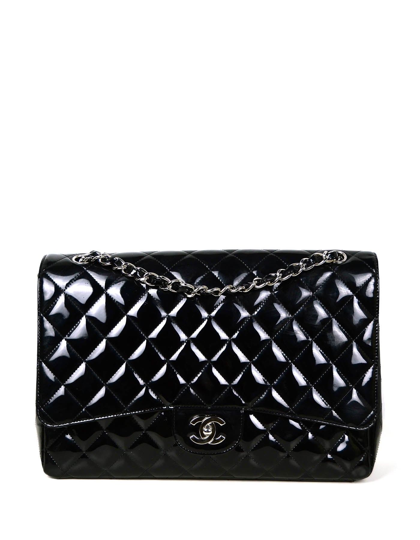 Chanel Black Patent Leather Quilted Single Flap Maxi Classic Bag