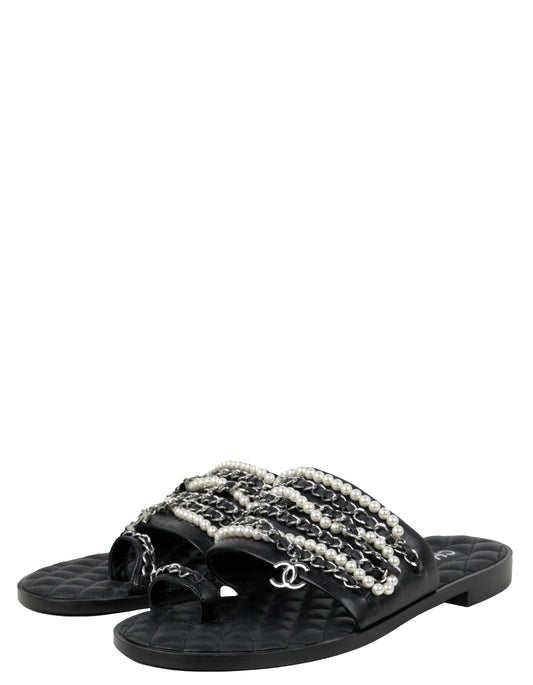 Chanel Pearl and Leather Laced Chain Sandals sz 39C