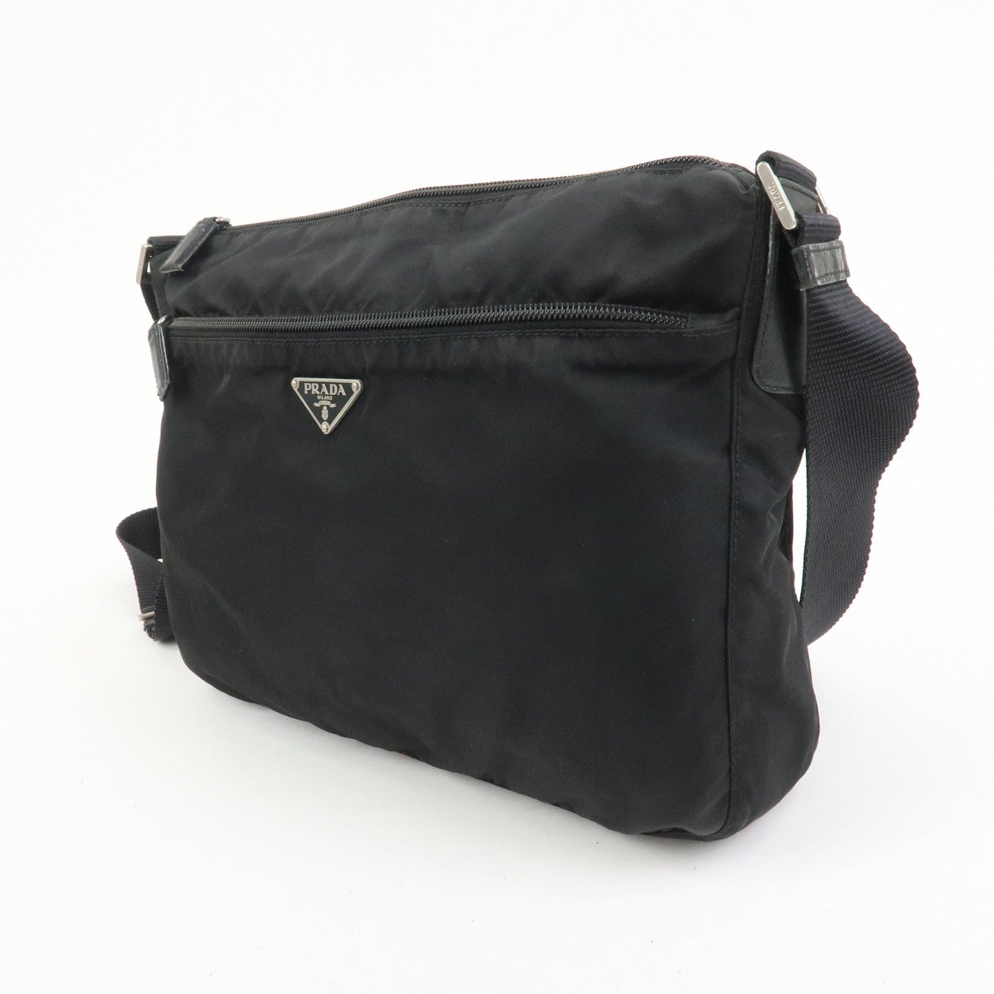 PRADA Triangle Logo Nylon Saffiano Leather Shoulder Bag Black V161