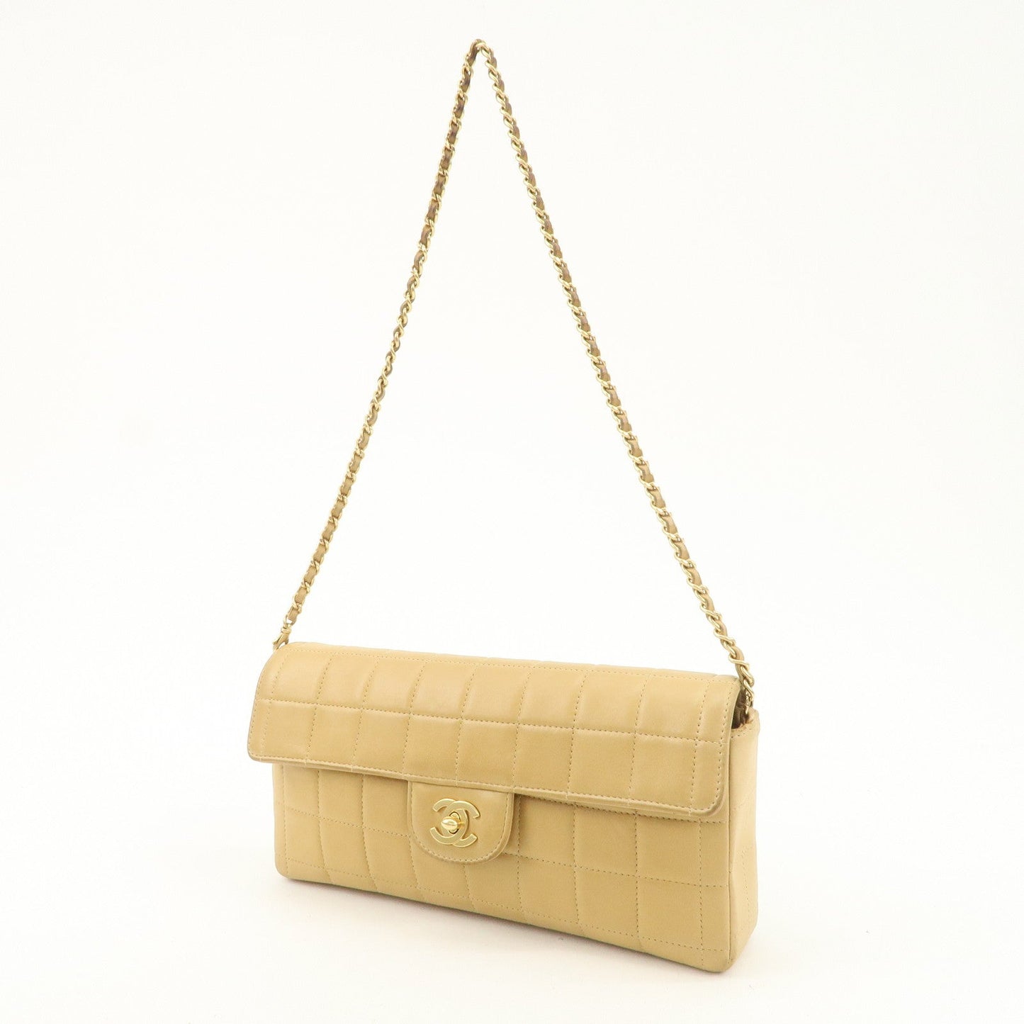 CHANEL Chocolate Bar Lamb Skin Chain Shoulder Bag Beige Gold  d