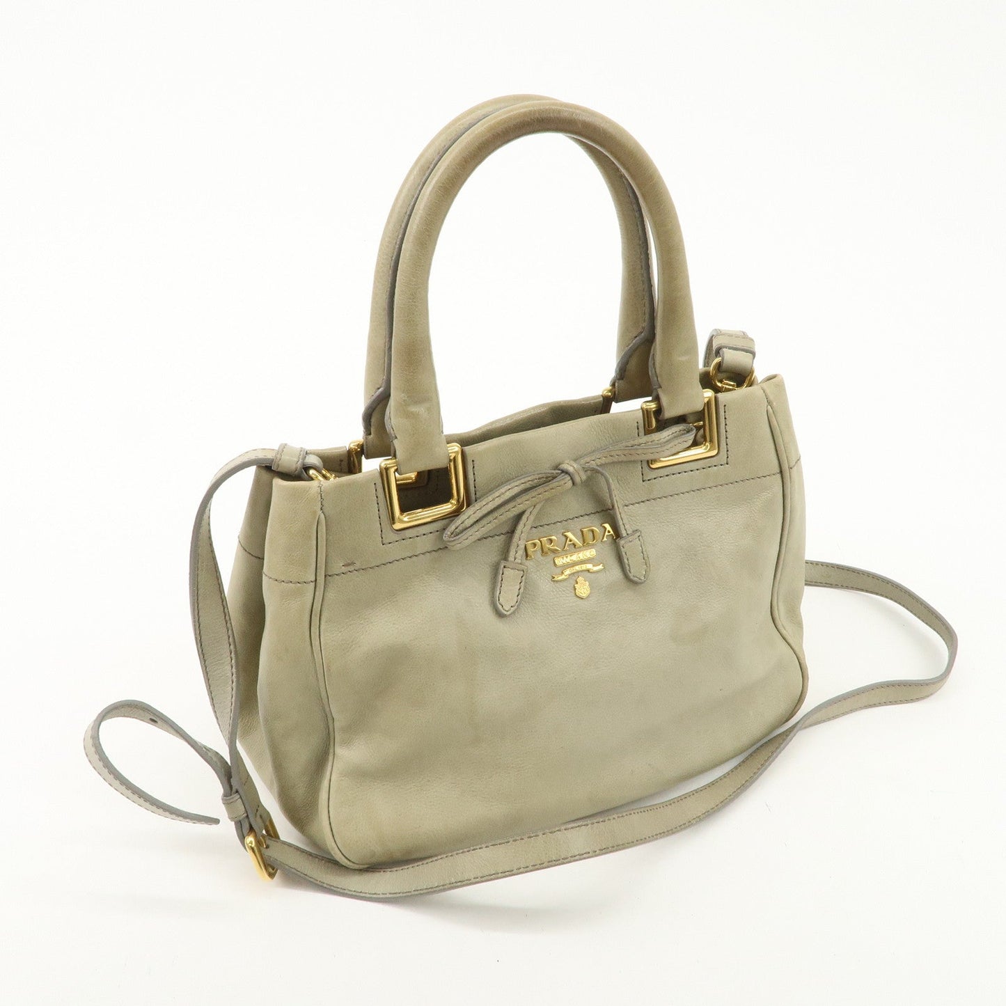 PRADA Logo Ribon Leather 2WAY Tote Bag Hand Bag Beige Gold HDW BN2245  d