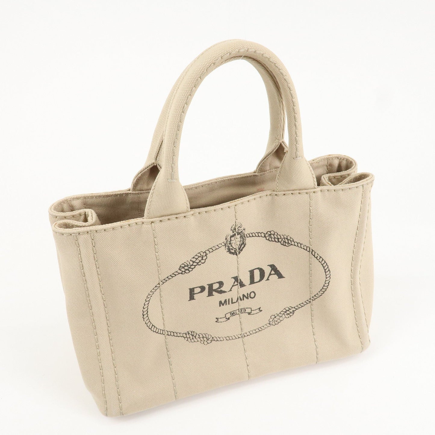 PRADA Logo Canapa Mini Canvas Tote Bag Hand Bag Beige 1BG439  d