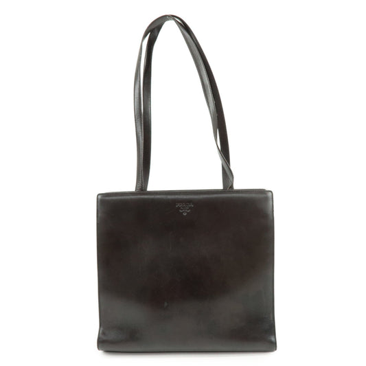 PRADA Logo Leather Tote Bag Shoulder Bag Dark Brown