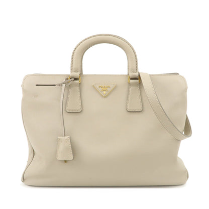 PRADA Triangle Logo Leather 2Way Bag Hand Bag Beige Gold Hardware  d