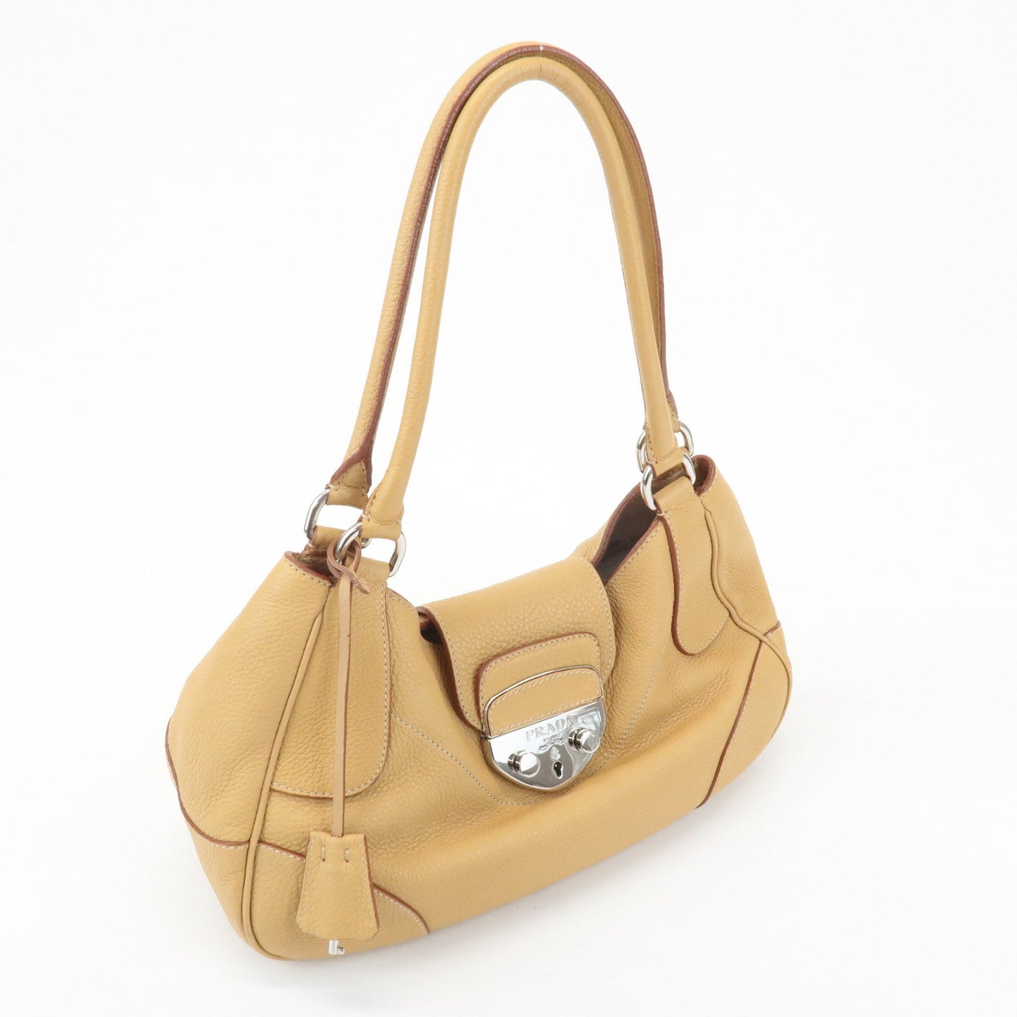PRADA Leather Shoulder Bag Hand Bag Beige Silver HDW  d