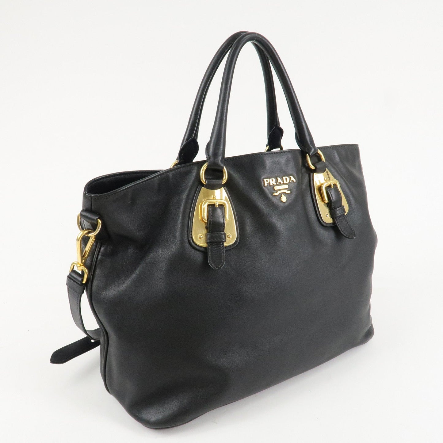 PRADA Logo Calf Leather 2Way Tote Bag Hand Bag Black Gold HDW BN1902  d