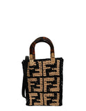 Fendi Monogram Black/Beige Raffia Mini Sunshine Shopper Tote Bag