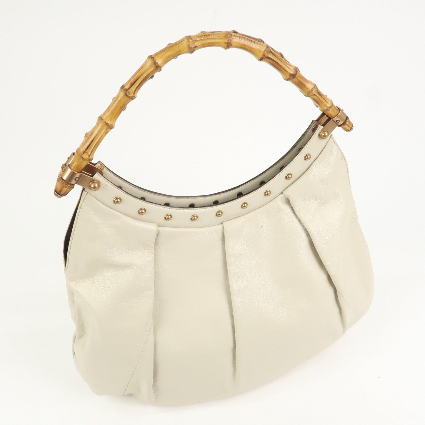 GUCCI Bamboo Leather Tucked Shoulder Bag Hand Bag Ivory 124293