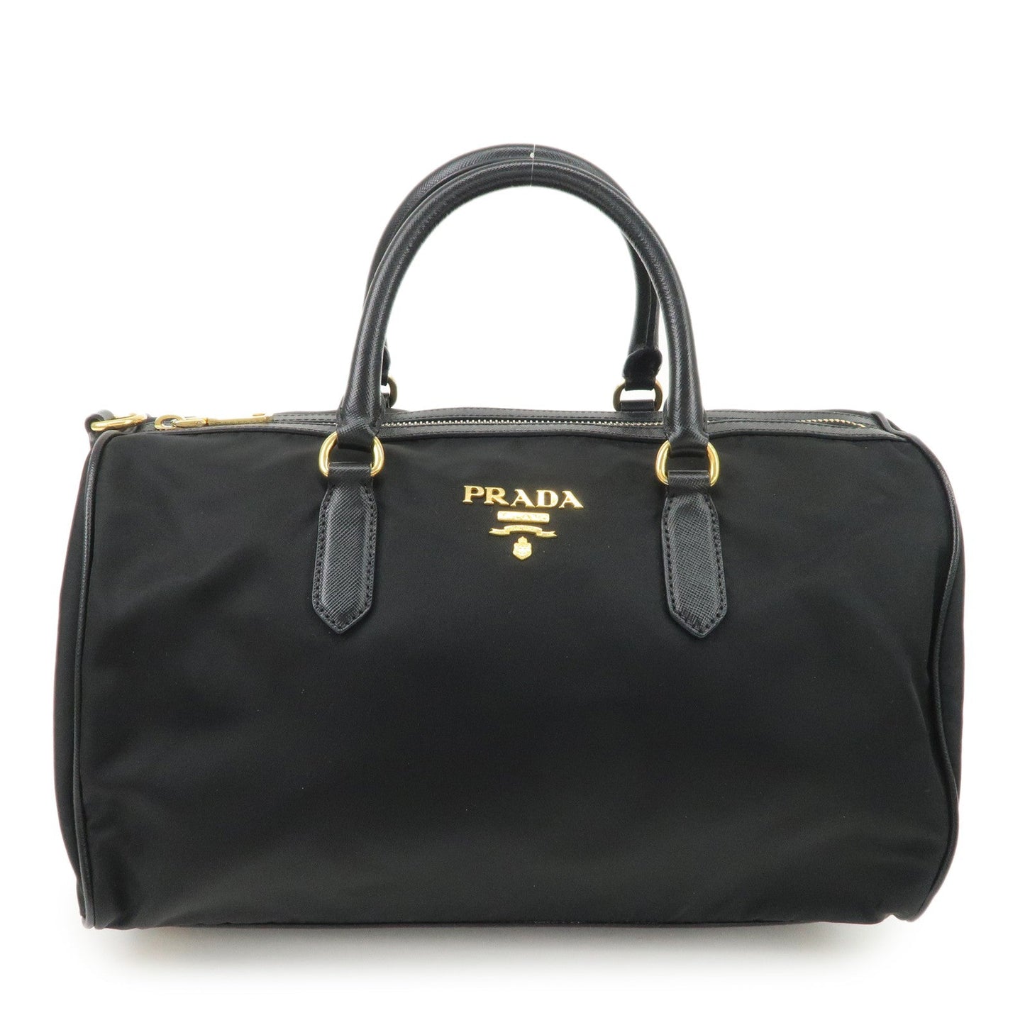 PPRADA Logo Nylon Leather Boston Bag Hand Bag Black Gold HDW  d