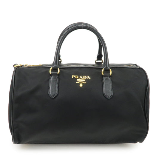 PPRADA Logo Nylon Leather Boston Bag Hand Bag Black Gold HDW  d